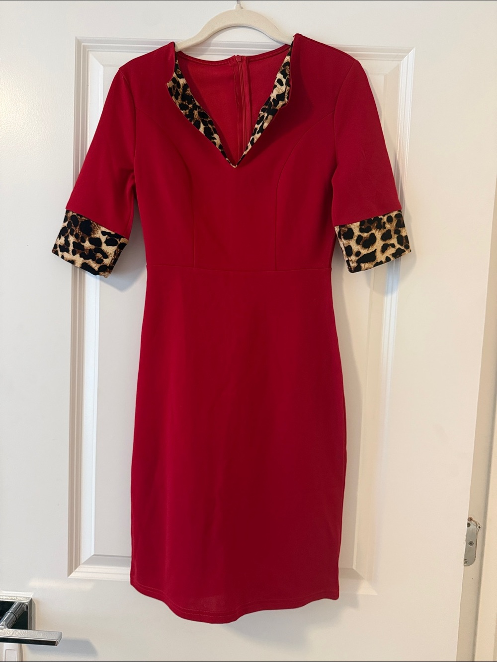 Red Sheath Dress with Leopard Trim
